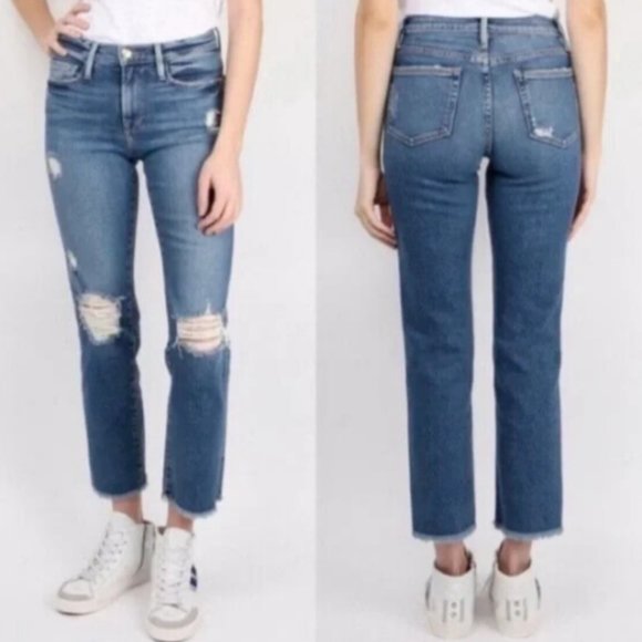 FRAME Denim Le Nouveau Straight Distressed Crop Jeans Size 27 Stretch Denim - Picture 1 of 9